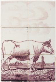 Antique Delft tile mural in manganese with a cow, 19th century