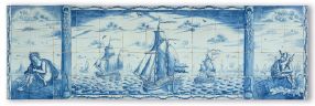 Antique Delft tile mural depicting a sea scenery with Mercurius and Aelous on each side, 18th century Adam Sijbel - Kingma