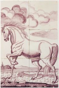 Antique Delft tile mural in manganese with a stallion, 19th century