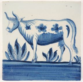 Antique Delft tile in blue with a cow, 18th century Harlingen