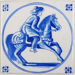 Antique Delft tile with a beautiful horse rider in blue, late 19th or early 20th century