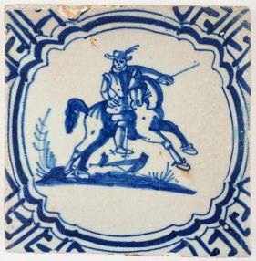 Antique Delft tile in blue with a horseman on a staggering horse, 17th century
