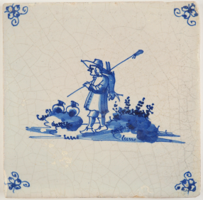 Antique Delft tile with a hunter carrying a caught hare on his shoulder, 18th century