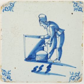 Antique Delft tile in blue with a mason in blue, 17th century