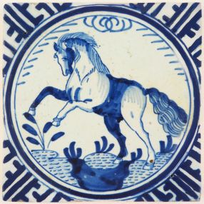 Antique Delft 'Crown' tile in blue with a staggering horse, 17th century Rotterdam