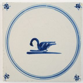 Antique Delft tile in blue with a swan, 18th century