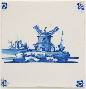 Antique Delft tile in blue with a windmill, 18th century