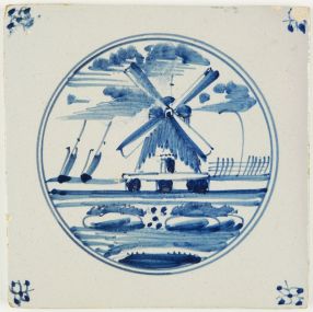 Antique Delft landscape tile with a windmill in blue, 18th century