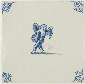Antique Delft tile with Cupid holding a basket, 17th century