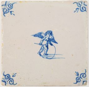 Antique Delft tile with Cupid playing with a hoop, 17th century