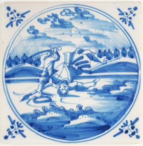 Antique Delft Biblical tile in blue depicting the moment that David defeats Goliath, 18th century