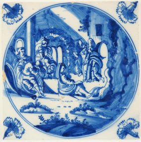 Antique Delft Biblical tile in blue depicting the scene in which Peter is freed from prison by an Angel, 18th century Amsterdam