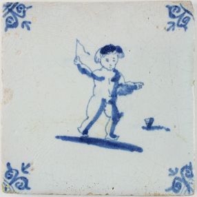 Antique Dutch tile with Putto playing with a spinning top, 17th century