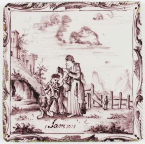 Antique Delft tile with Samuel pouring oil on Saul, 18th century