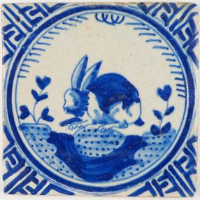Antique Dutch Delft tile in blue with a rabbit in Wanli, 17th century