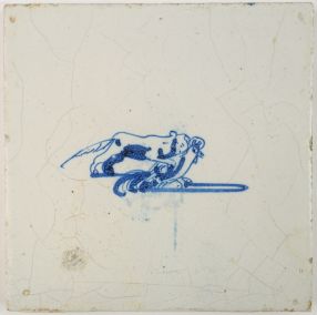 Antique Delft tile in blue depicting a fox catching a rooster, 17th century