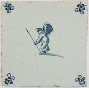 Antique Dutch Delft tile with Cupid leaning on a stick, 17th century