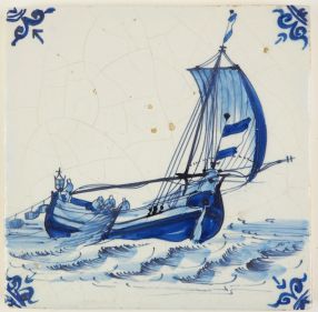 Antique Delft tile in blue with a herring buss, 17th century Harlingen