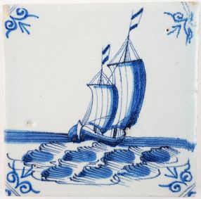 Antique Delft tile in blue with a cargo boat under sail, 17th century Harlingen