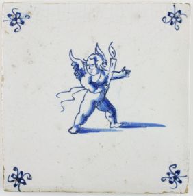 Antique Dutch Delft tile with Cupid leading the way with a candle in his hand, 17th century