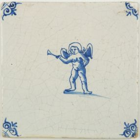 Antique Delft tile in blue with Cupid holding a trumpet, 17th century