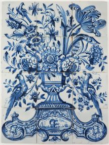 Antique Delft tile mural in blue with a richly decorated flower vase with a parrot on each side, 19th century Harlingen