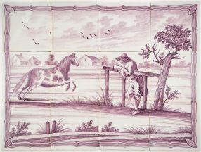Antique Delft tile mural with a farmer watching his horse running, 19th century
