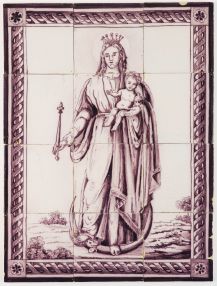 Antique Delft tile mural in manganese depicting Madonna and child, 19th century