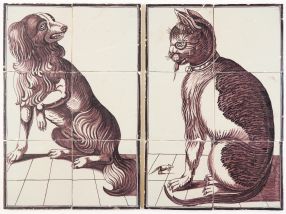 Pair of antique Delft tile murals with a cat and a dog in manganese, 18th century Rotterdam