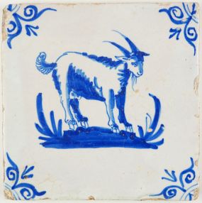 Antique Delft tile with a beautiful goat in blue, 17th century