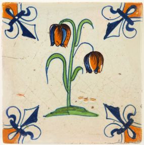 Antique Delft tile with a beautiful polychrome Snake's head (Fritillaria Meleagris), 17th century