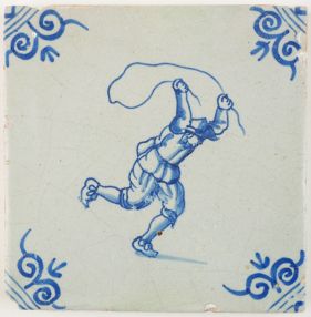 Antique Delft tile in blue depicting a child playing with a jumping rope, 17th century