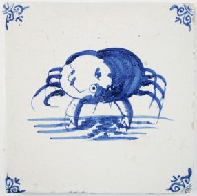 Antique Dutch Delft tile with a crab in blue, 17th century