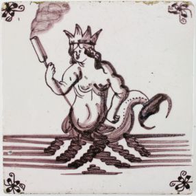 Antique Dutch tile with a mermaid wearing a crown and holding a burning torch, 18th century