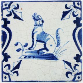 Antique Dutch Delft tile with in blue with a dog barking, 17th century