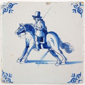 Antique Delft tile with a horserider and his horse empyting the bladder, 17th century