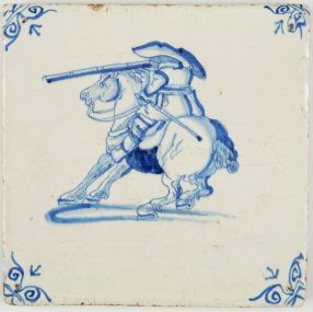 Antique Dutch Delft tile in blue with a horse rider firing his rifle, 17th century