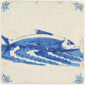 Antique Dutch Delft tile in blue with a fish (houting), 17th century