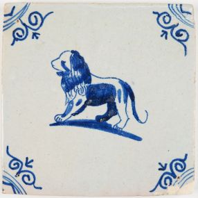 Antique Delft tile with a beautiful lion in blue, 17th century
