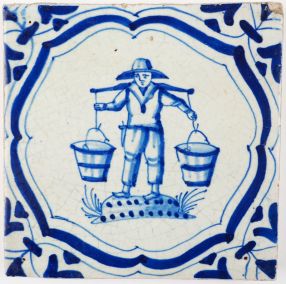 Antique Delft tile depicting a man carrying a joke with two buckets on his shoulders, 17th century