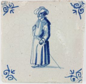 Antique Dutch Delft tile with a man in Oriental clothing, c. 1650