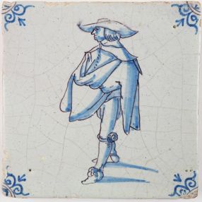 Antique Delft tile with a noble man in blue, 17th century