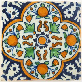 Antique Delft polychrome tile with the pompadour motif, early 17th century
