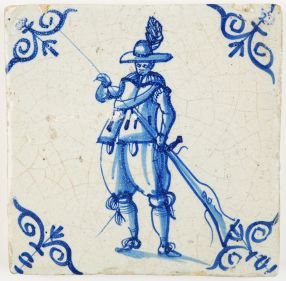 Antique Delft tile with a soldier loading a musket, 17th century