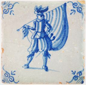 Antique Delft tile with a standard-bearer in blue, 17th century