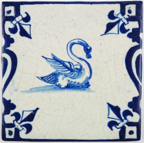 Antique Delft tile with a beautiful swan in blue, first half 17th century