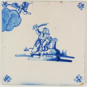 Antique Delft tile in blue depicting Abraham offering his son Isaac, 18th century