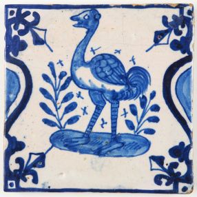Antique Dutch Delft tile depicting a beautiful ostrich, 17th century