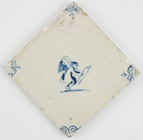 Antique Dutch Delft tile with Cupid and his bow depicted in a obliquely position, 17th century
