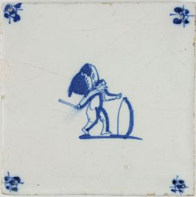 Antique Delft tile with Cupid rolling a hoop, 17th century
